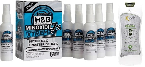 Minoxidil 7% H&B Xtreme Biotin 0.1% y Finesteride 0.1% en Spray + 1 Shampoo Con Minoxidil y Biotin Karicia
